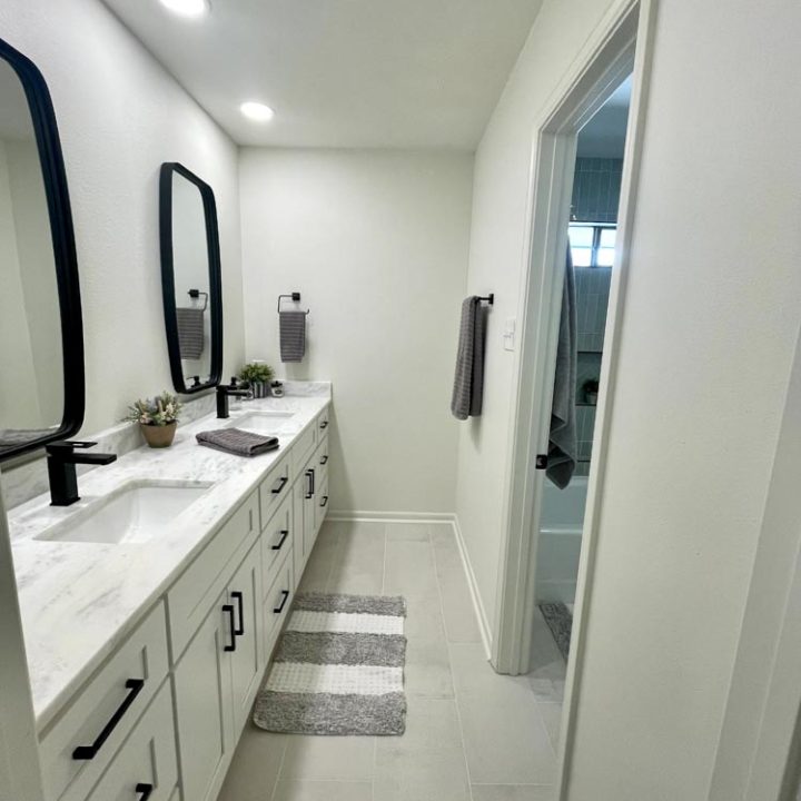 bathroom double sink, cabinets and vanity